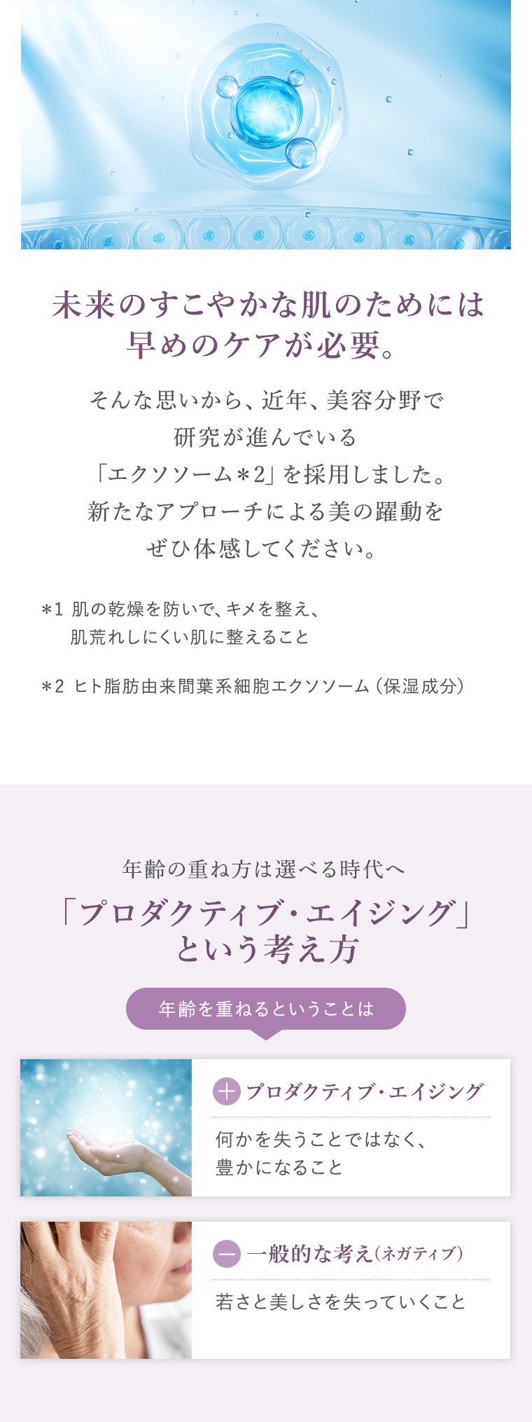 美容分野で研究が進んでいる「エクソソーム＊2」を採用しました。新たなアプローチによる美の躍動をぜひ体感してください。