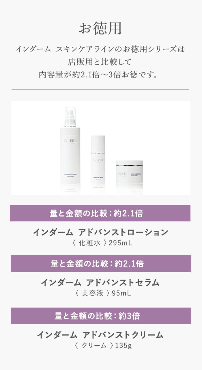 インダームスキンケアラインのお徳用シリーズは店販用と比較して内容量が約2.1倍〜3倍お徳です。